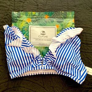 Cupshe Blue White Striped Ruffle Bikini Swim Top S